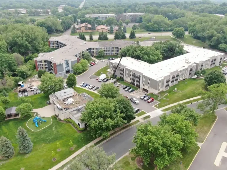 drone shot top down view of commercial building