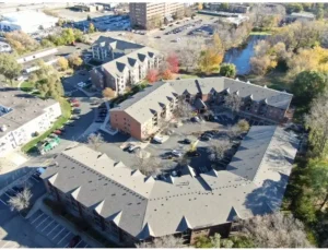 drone shot top-down view of commercial property